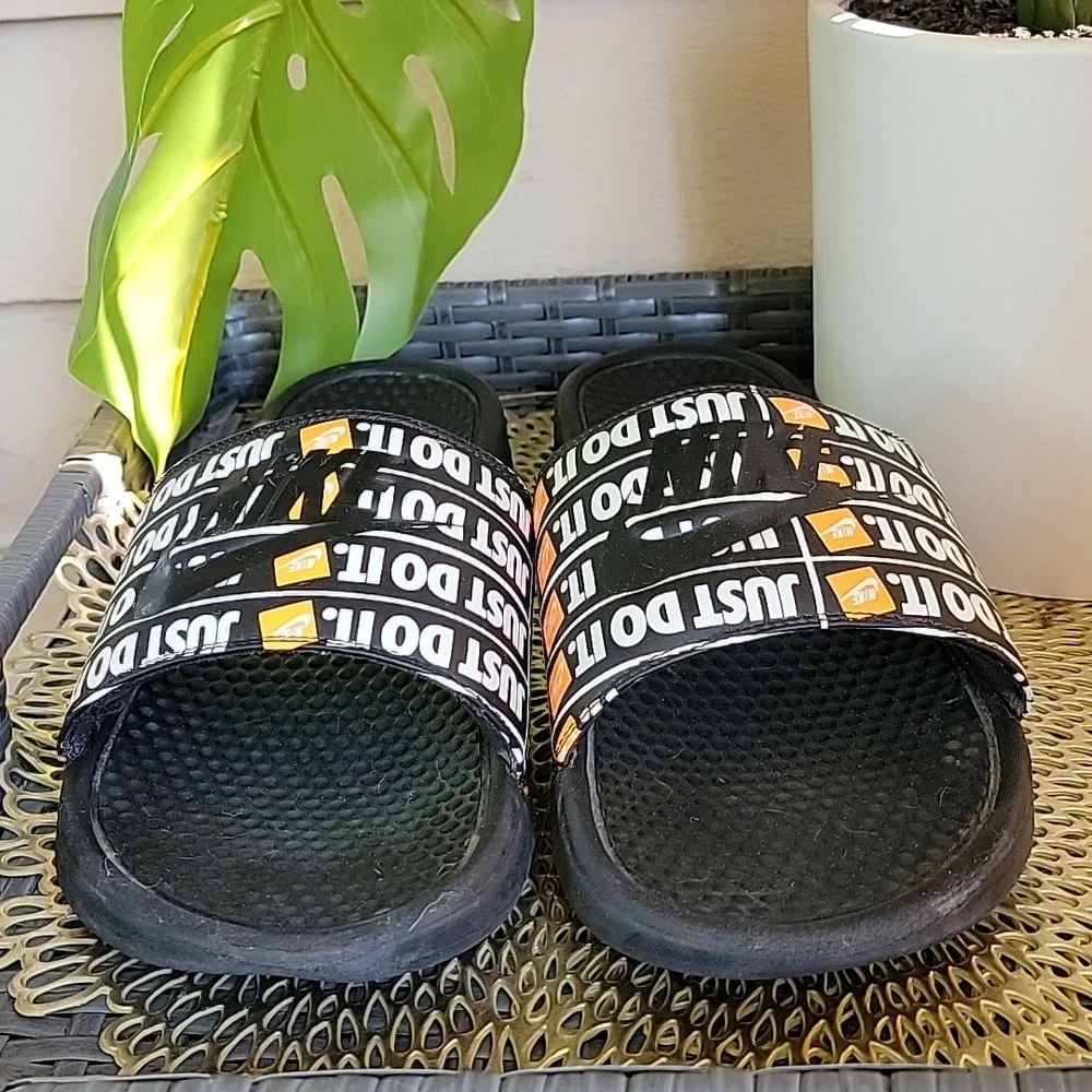 Nike Mens Benassi Just Do It Slide Flat Sandals Black White Orange Size 13
